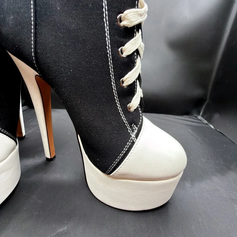 Black Canvas Lace Up Platform Stiletto Ankle Sneaker White Contrast Stitch Sz 36